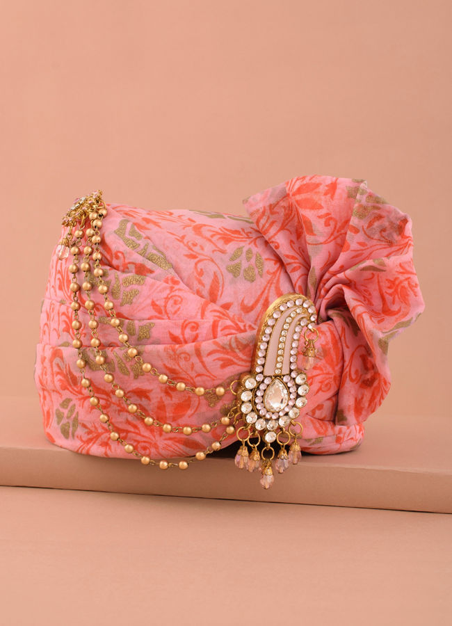 Sherbet Pink Safa with Embellished Paisley Brooch image number 1
